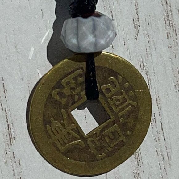 HANDMADE CASH COIN AND WHITE BEAD BLACK CORD NECKLACE - Picture 3 of 7